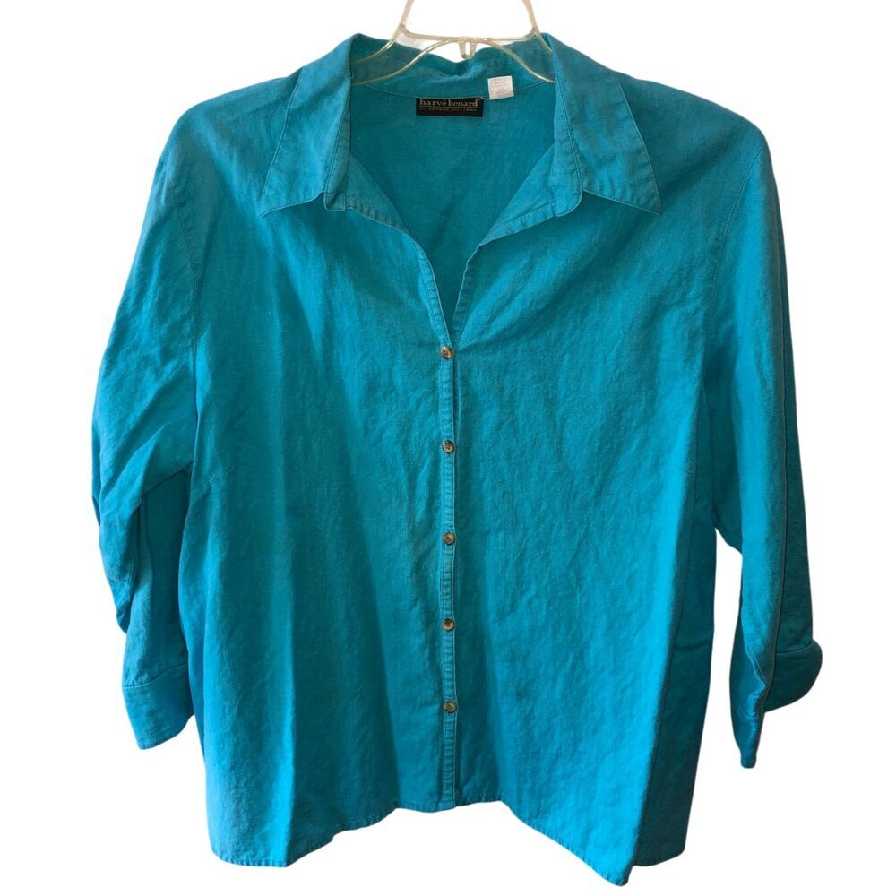 Harve Benard Womens 2X Turquoise Blue Linen Blend 3/4 Sleeve Button Up Shirt Top